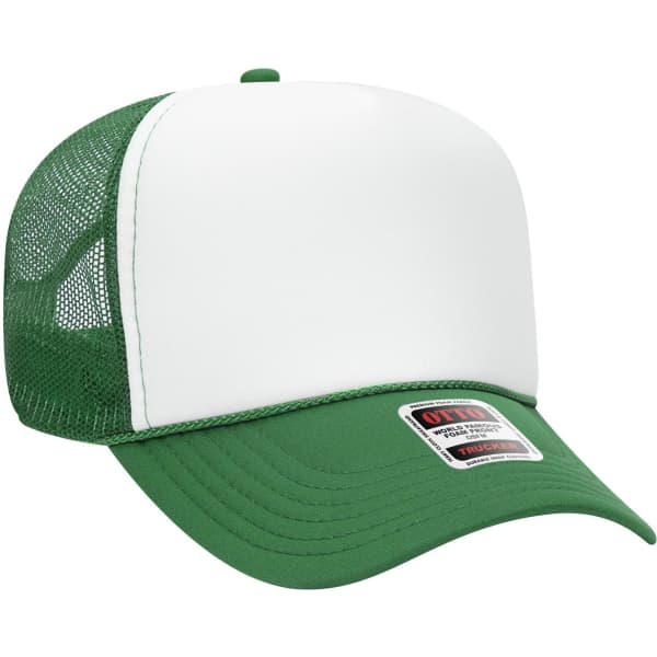 A green and white 5 panel mid-profile trucker cap with a mesh back and a branding logo on the side.