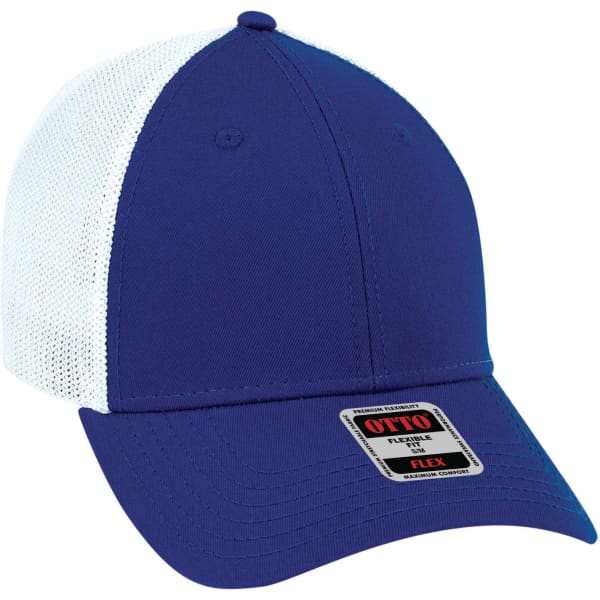 A blue and white 6-panel low profile trucker cap with a mesh back and a logo label on the front.
