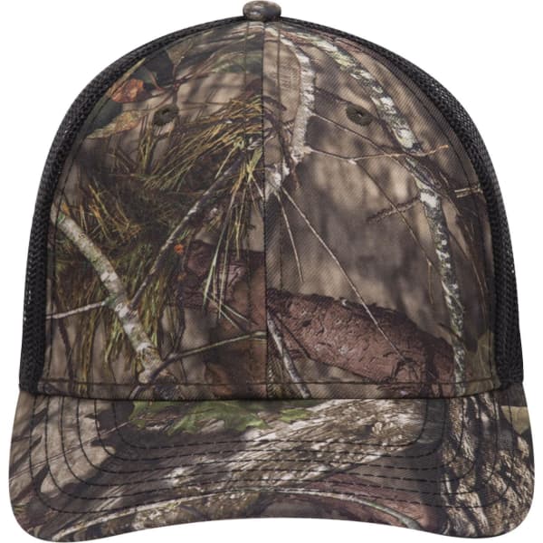 A camo baseball cap in shades of green and brown with a low-profile design and mesh backing. It features a logo.