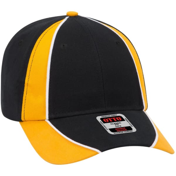 A black and yellow six-panel low profile baseball cap featuring a logo.