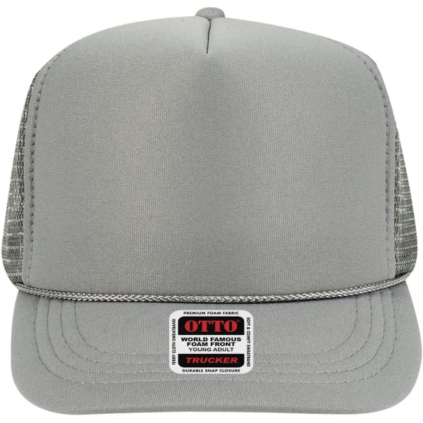 A grey 5 Panel High Crown Trucker Cap with a mesh back and a branded label at the front.