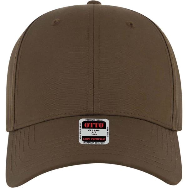 A brown 6 panel low profile baseball cap with a branded label on the front.