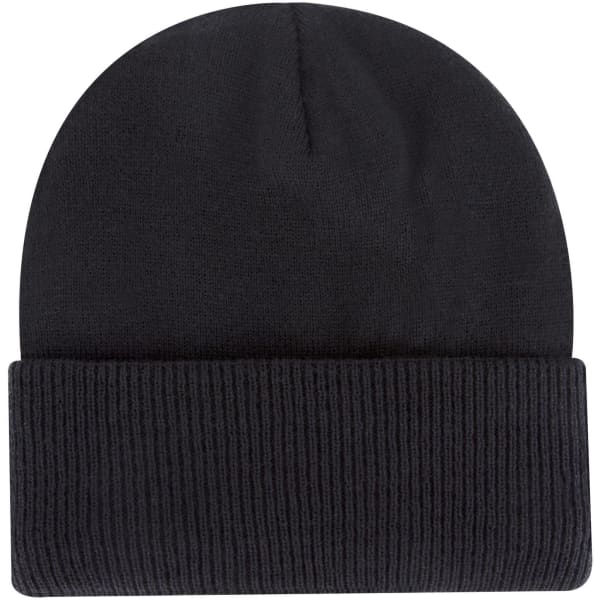A black classic knit beanie with a folded ribbed cuff, featuring a logo on the side.
