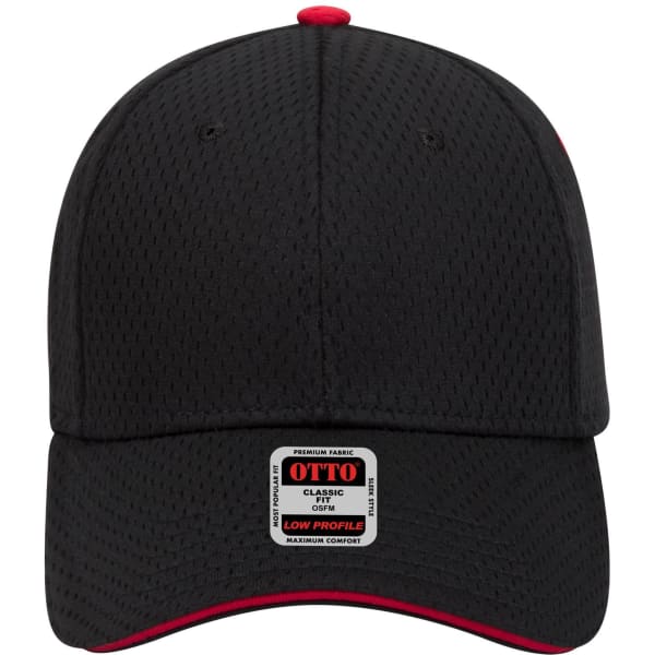 A black low profile baseball cap with red accents and a logo on the front. It features a classic six-panel design.
