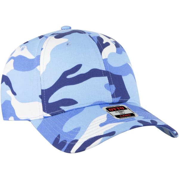 A blue camo baseball cap with a low profile design and a branded logo on the front.