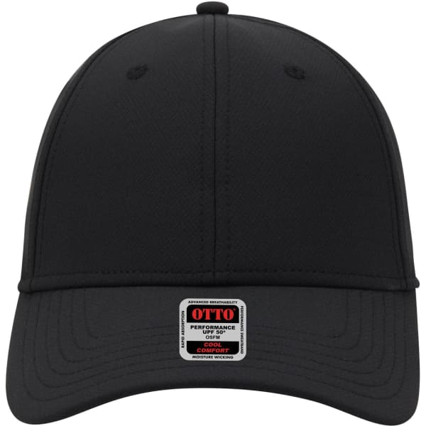 A black six-panel low profile baseball cap with a logo on the front. Designed for UPF 50+ protection.