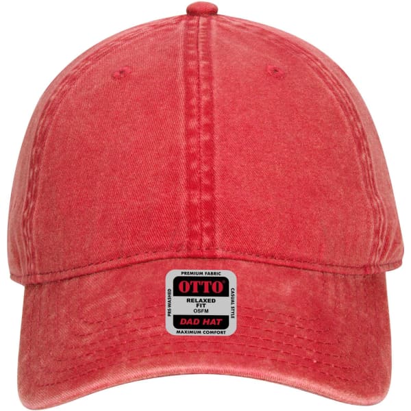 A red low-profile dad cap made of premium fabric, featuring a logo on the front.