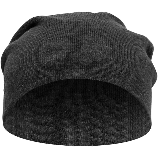A dark grey slouch beanie with a comfortable, relaxed fit and ribbed texture. It features a logo.