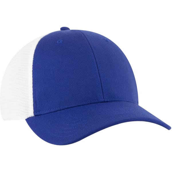 A blue and white Flex Fit 6 Panel Low Profile Trucker Cap with a logo on the front.
