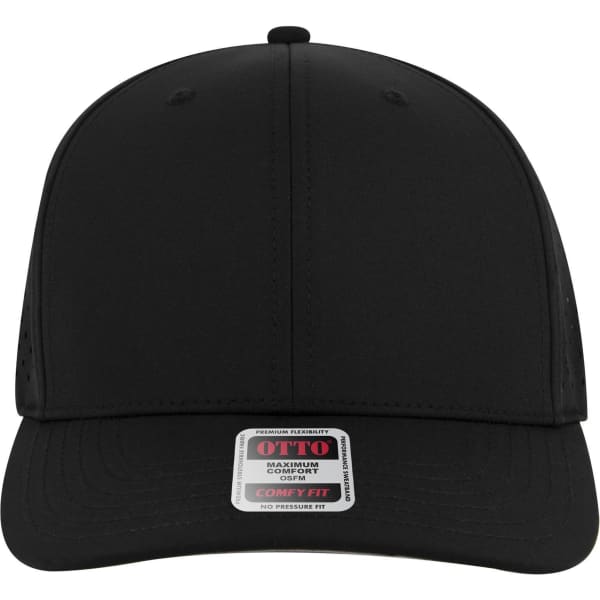 A black mid-profile baseball cap with a six-panel design and a logo on the front.