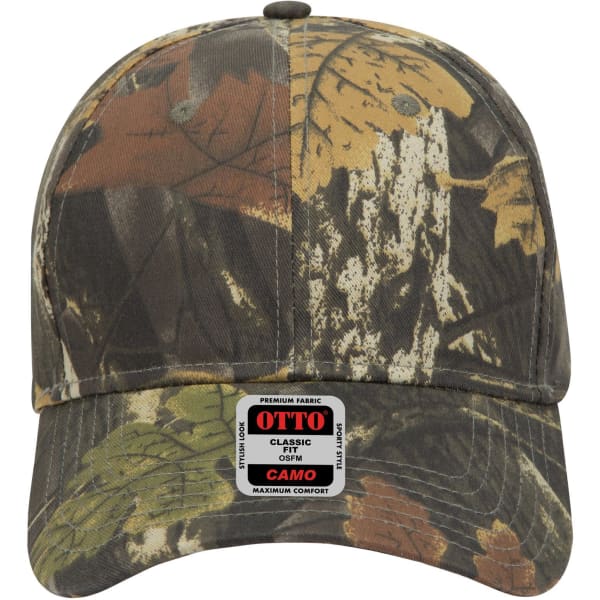 A camouflage baseball cap in earthy tones featuring a logo. It has a low profile and six-panel design.
