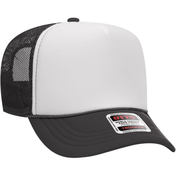 A five-panel high crown trucker cap in black and white, featuring a mesh back and a logo on the front.