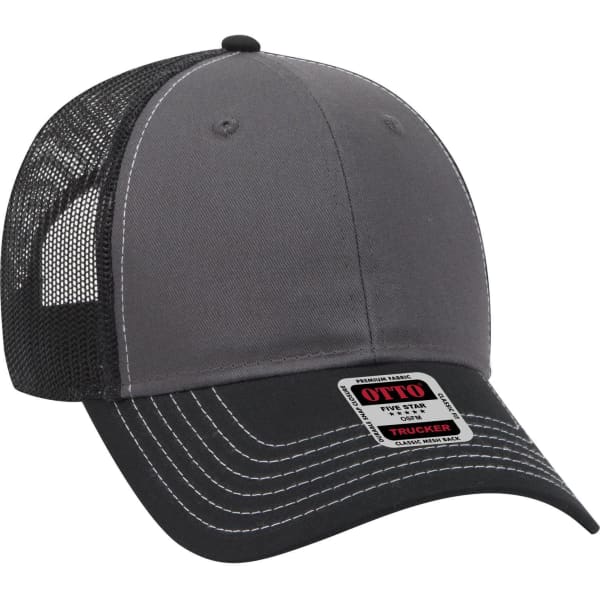 A grey and black six-panel low profile trucker cap with a mesh back and a logo on the front.