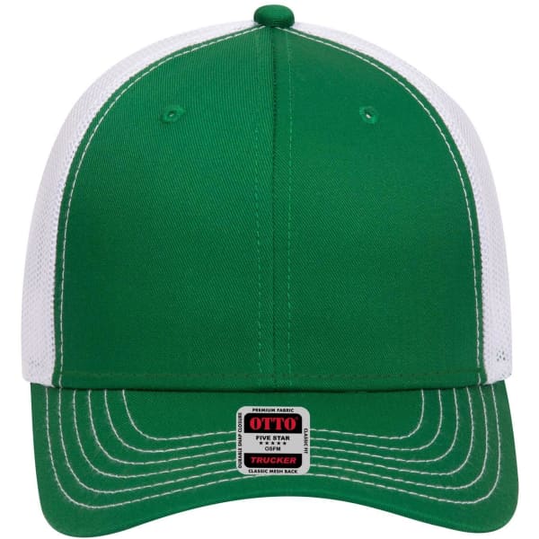 A green 6 panel low profile trucker cap with white mesh sides and a logo on the front.