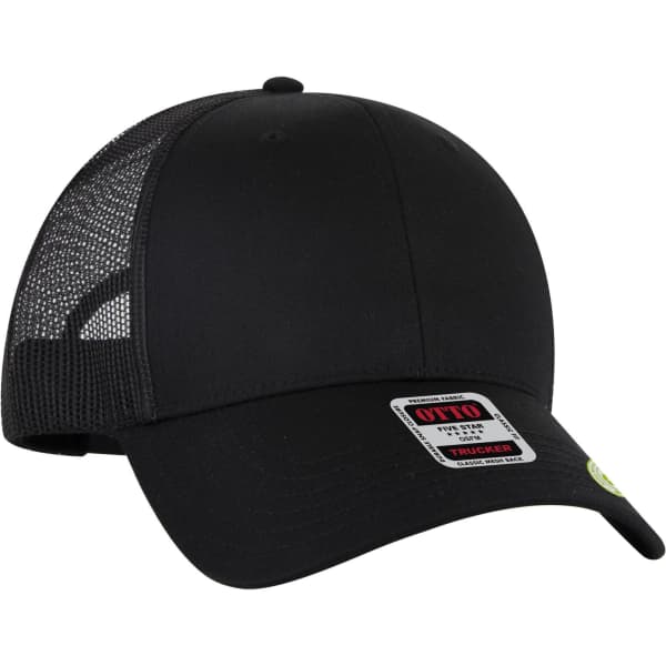 A black low profile trucker cap with a mesh back and an adjustable fit, featuring a logo.