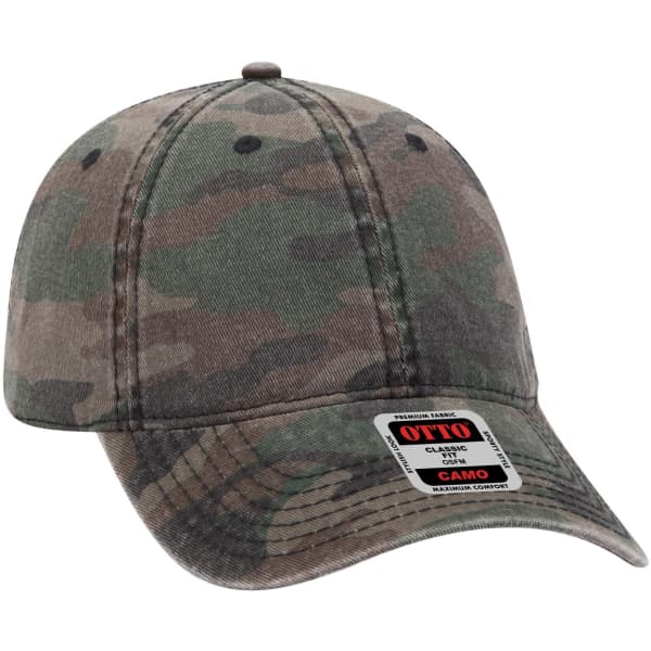 A camouflage-patterned six-panel low-profile baseball cap in earthy tones. It features a branded label.