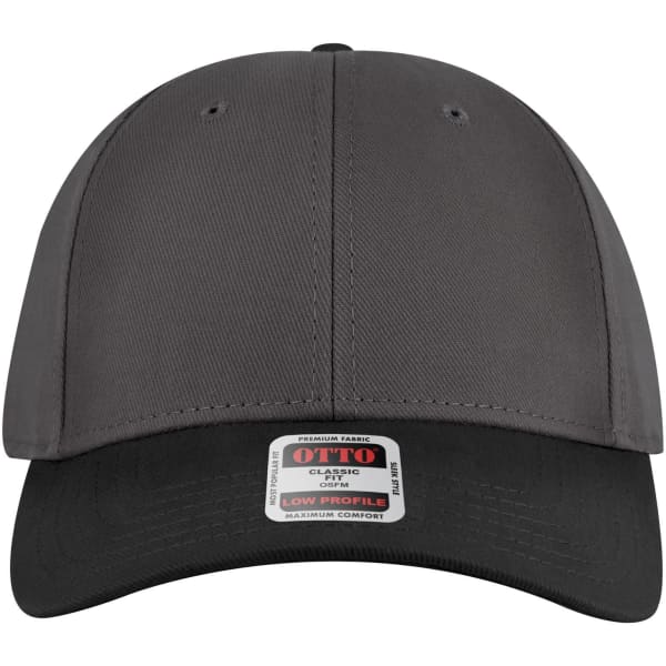 A grey 6 panel low profile baseball cap with a black brim and a logo on the side.