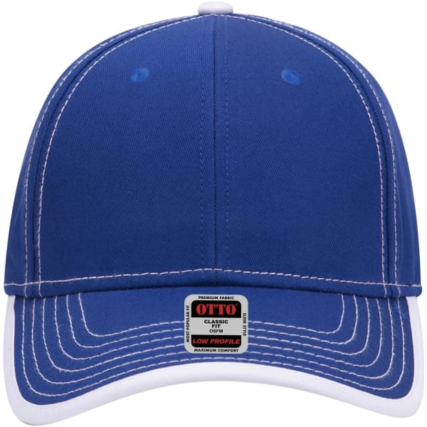 A blue low profile baseball cap with a contrasting white trim and a logo on the front.