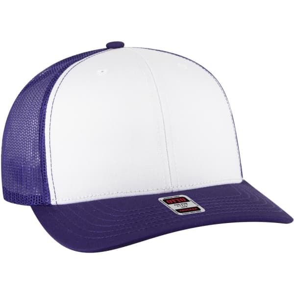 A purple and white 6-panel mid profile trucker cap with a mesh back and a logo on the front.