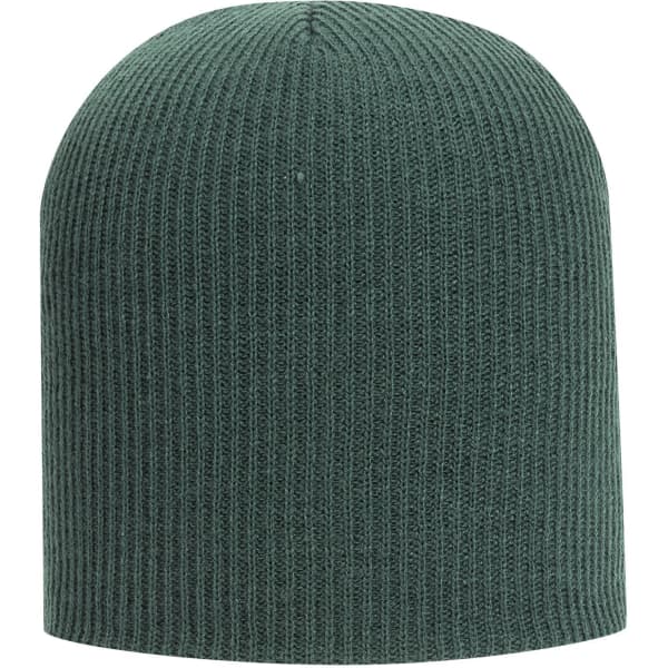 A green rib knit beanie with a fitted design and textured pattern. It has a logo on the side.