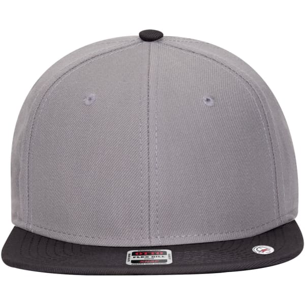 A grey snapback cap with a black peak, featuring a flat crown and eyelet vents. It has a branding logo on the front.