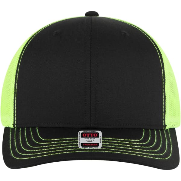 A black and neon green 6 panel mid profile trucker cap with mesh sides and a logo on the front.
