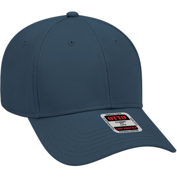 A low-profile baseball cap in navy blue, featuring a branded label on the front.