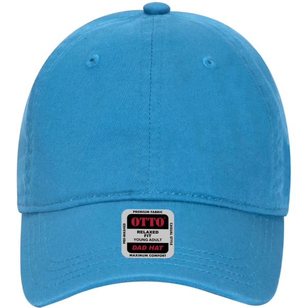 A bright blue 6-panel low profile dad cap with a logo on the front. Made from premium fabric.