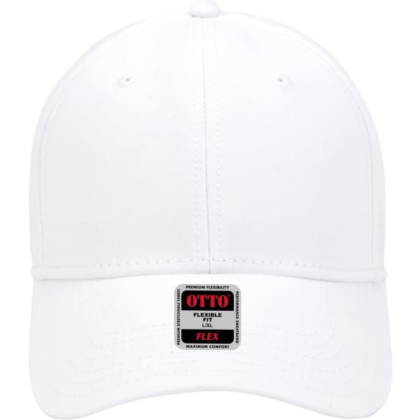 A white 6-panel low profile baseball cap with a logo tag on the front. The cap has a flexible fit design.