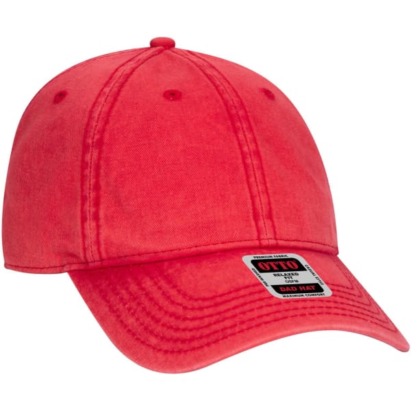 A red 6 panel low profile dad cap with a logo on the front.