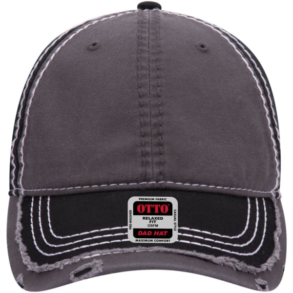 A grey six-panel low profile dad cap with contrast stitching and a branded label on the front.