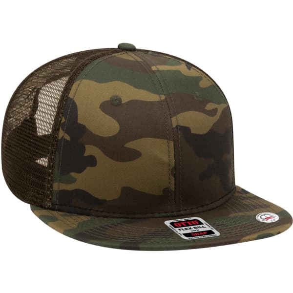 A camouflage 6 Panel Mid Profile Trucker Cap featuring a mesh back and a branded logo.