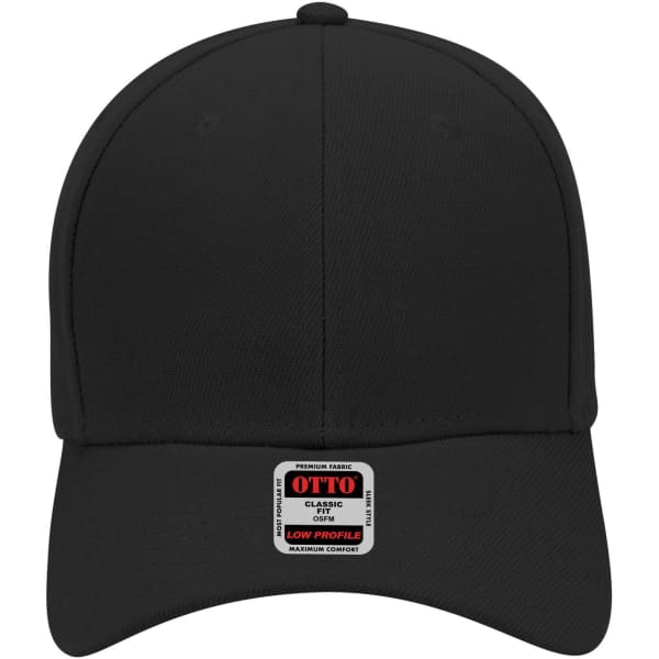 A black low profile baseball cap featuring a logo on the front and a structured design.