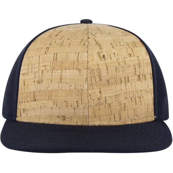 A cap featuring a cork front and navy panels, with a black undervisor and a logo on the side.