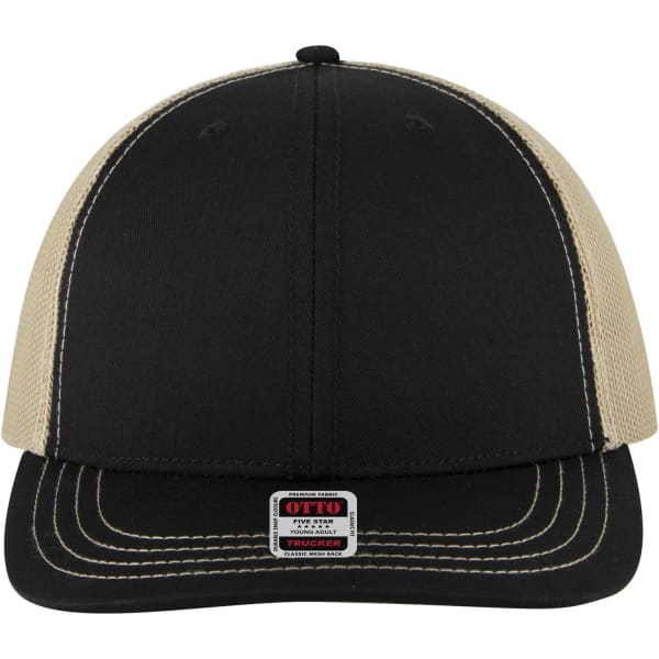 A black and beige 6 panel mid profile trucker cap featuring a logo on the front.