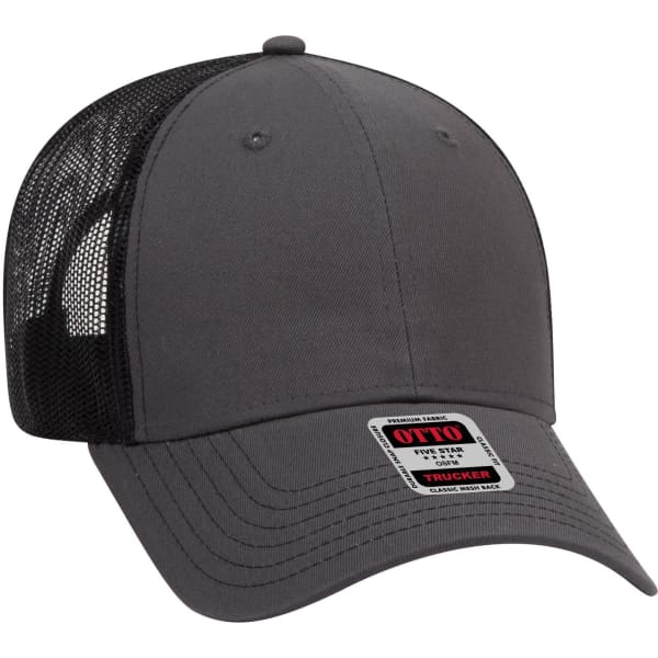 A grey low-profile trucker cap with a mesh back and an adjustable strap, featuring a logo on the front panel.