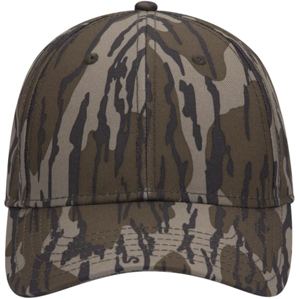 A camo-patterned 6-panel low profile baseball cap featuring shades of green and brown. The cap also has a logo.
