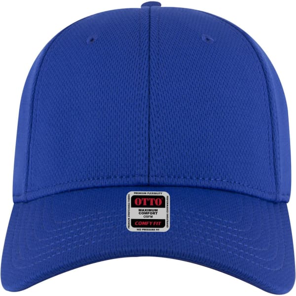 A blue low-profile baseball cap with a six-panel design and a branded label.
