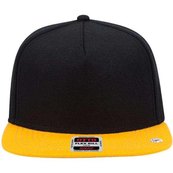 A five-panel snapback cap with a black top and a yellow visor, featuring a logo on the front.