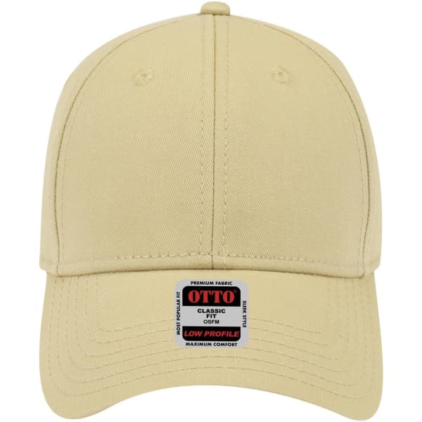 A beige low profile baseball cap with a logo on the front and a flat brim.