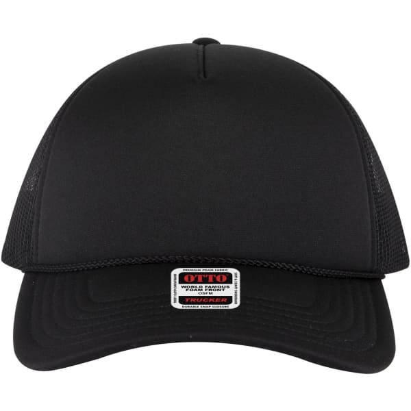A black 5 panel low profile trucker cap with a mesh back and a branding label on the front.
