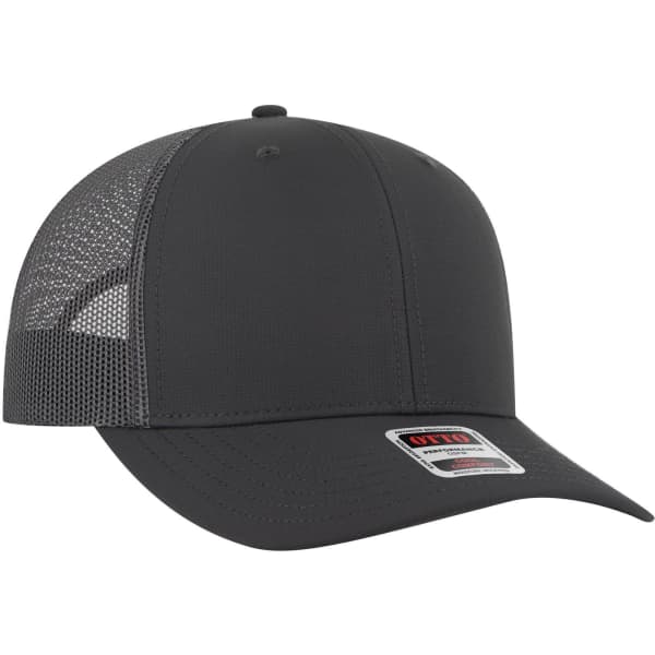 A mid-profile trucker cap in dark grey with a mesh back and a logo tag on the front.