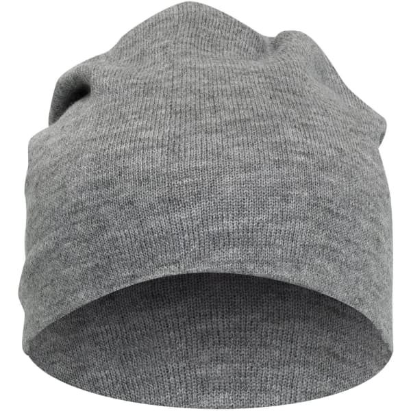 A grey slouch beanie with a soft, stretchy fabric and a casual fit. It features a subtle logo.