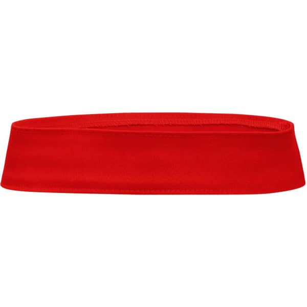A red hat band with a smooth fabric texture and a simple design. It features a logo.