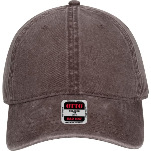 A brown 6 panel low profile dad cap with a logo on the front and a relaxed fit design.