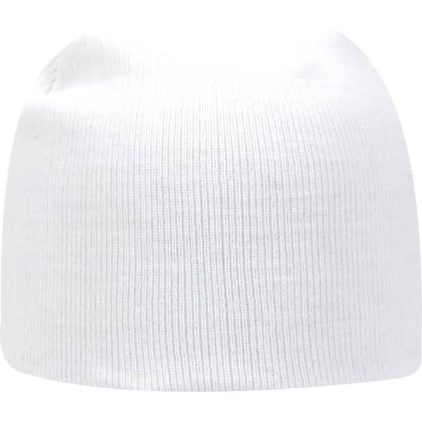 A white classic knit beanie featuring a ribbed texture and a logo.