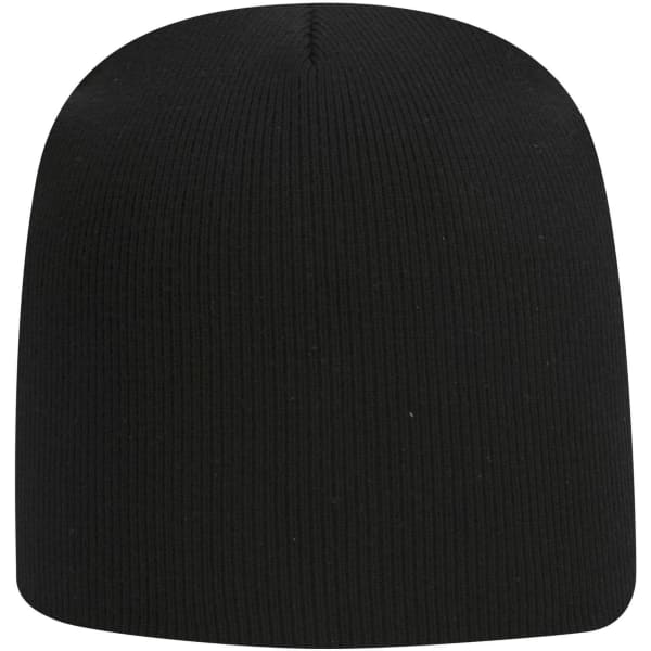 A black classic knit beanie with a ribbed texture and a logo.