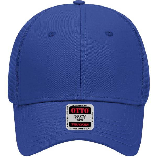 A blue 6 panel low profile trucker cap with a mesh back and a logo label on the front.