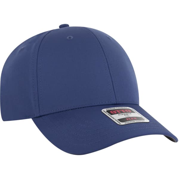 A blue six-panel low profile baseball cap with a logo on the front.