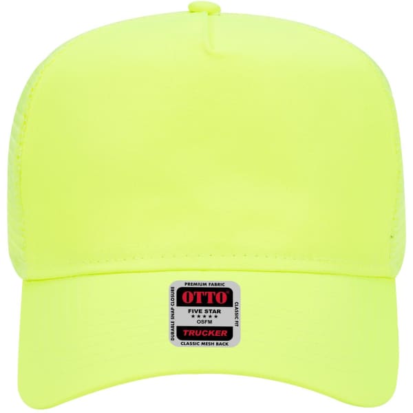 A bright yellow 5 Panel Mid Profile Trucker Cap with a mesh back and a label on the front.